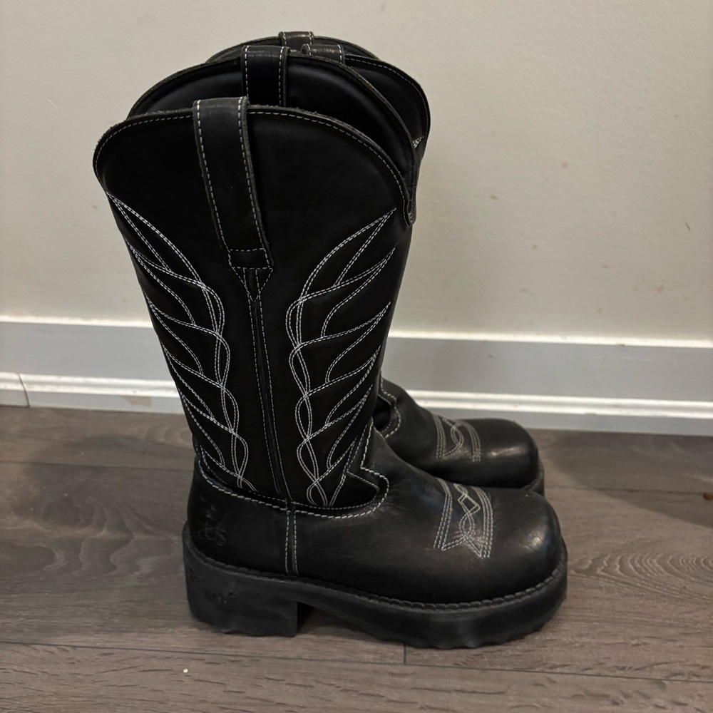 John Fluevog Black Combat Boots with White Stitching